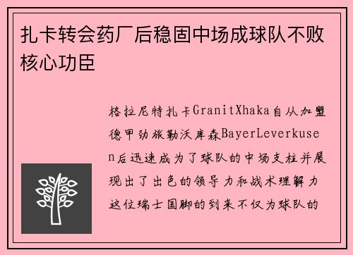 扎卡转会药厂后稳固中场成球队不败核心功臣 扎卡转会药厂后稳固中场成球队不败核心功臣