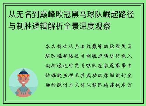 从无名到巅峰欧冠黑马球队崛起路径与制胜逻辑解析全景深度观察
